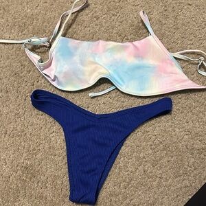 Hollister Pastel Tie-Dye Ribbed Bikini Top & Royal Blue Ribbed Bottom Set
